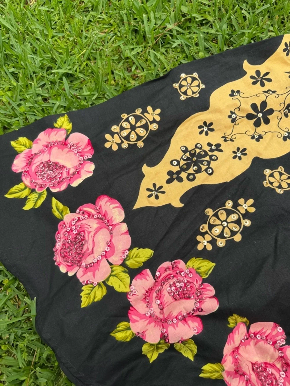 Vintage Temptation Floral Midi Skirt Black Pink Roses Sequin Detail Boho Small - Picture 3 of 6